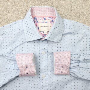 Construct Stretch Shirt Men 14 12, 32/33 Blue/Pink Slim Fit Flip Cuff Cotton L/S